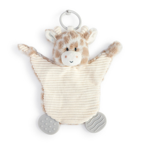 A soft, plush, white and brown spotted Giraffe Teething Buddy with a cream stomach, two cream horns, two textured gray tabs, and a light gray ring.