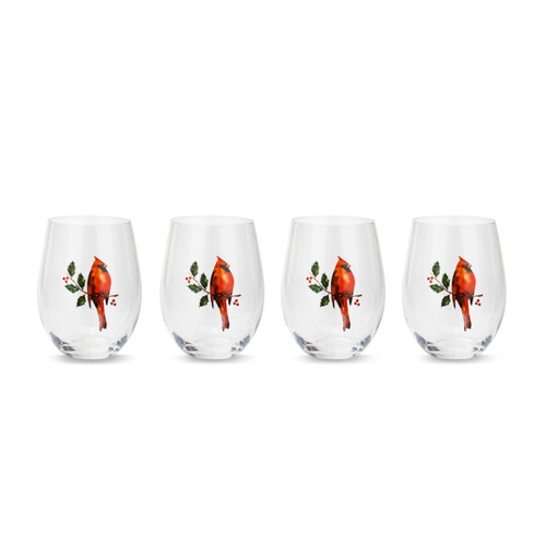 Cardinal with Holly Stemless Glass - Set of 4