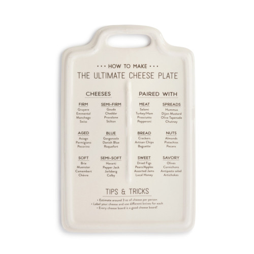 A white serving tray with "How to make the Ultimate Cheese Plate" in black typography.