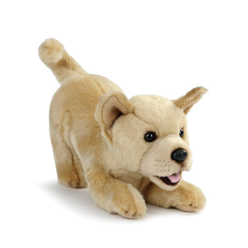 tan stuffed dog in playing position