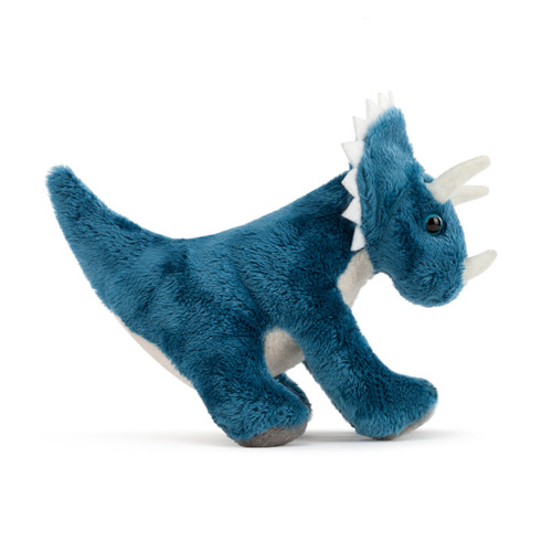 A side view of a plush blue and white Triceratops beanbag.