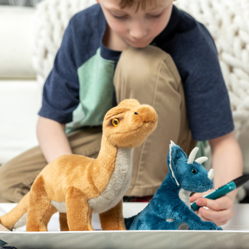 A young boy drawing a picture behind two dinosaur bean bags.