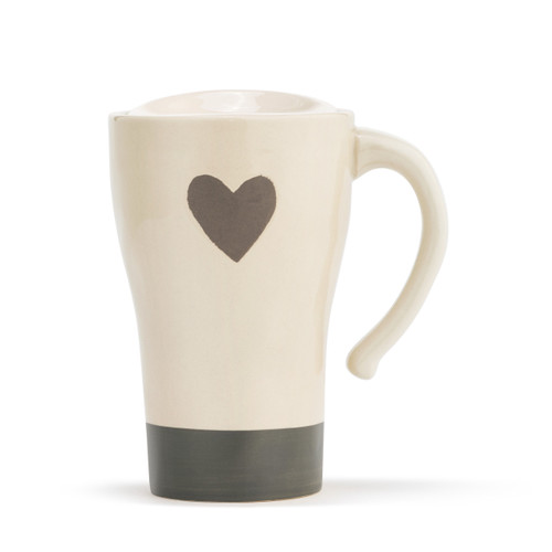 A tapered, cream, ceramic travel coffee mug, with a thick gray stripe base, and a single gray heart in the center. With a handle, and lid placed on top.