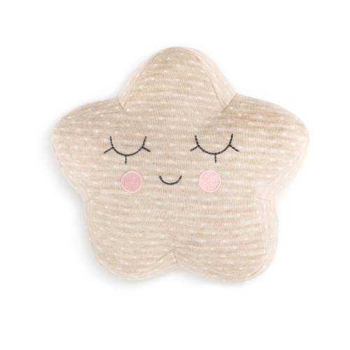 A plush tan polka dotted star rattle.