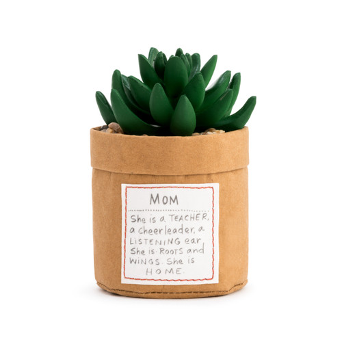 A faux green succulent placed in a tan burlap sack with a white patch with red stitching and a sentimental message about mom in gray handwriting.