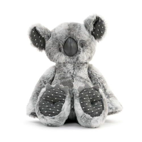 A front facing view of a soft, plush dark and light gray Koala with dark gray and white polka dotted paws and ears.