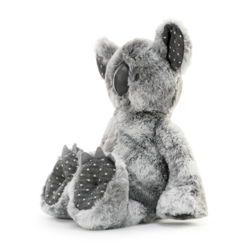 A left facing view of a soft, plush dark and light gray Koala with dark gray and white polka dotted paws and ears.