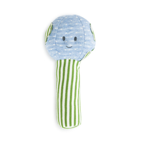 A blue polka dotted and green striped earth stick rattle.