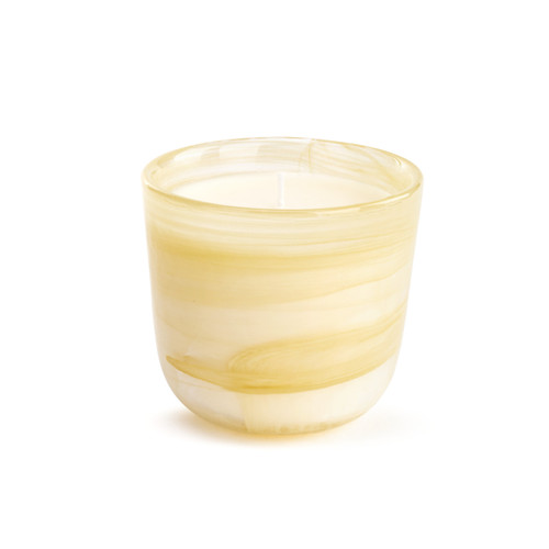 A small, stripe textured yellow glass candle. Filled with a white Chamomile Shea Butter scented wax.