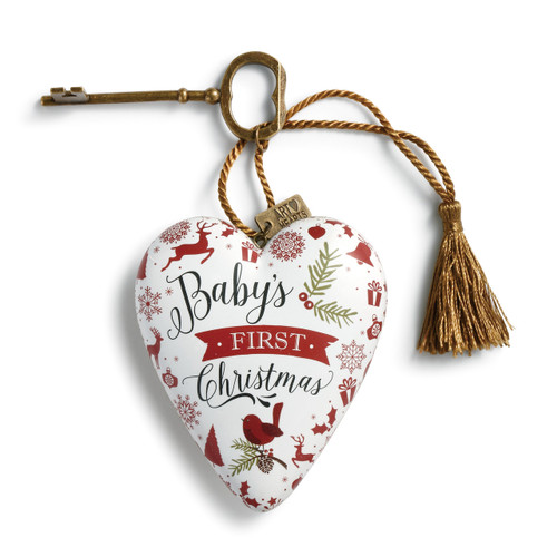 Small white heart pendant with 'babys first christmas' in green/red with gold key and tassle