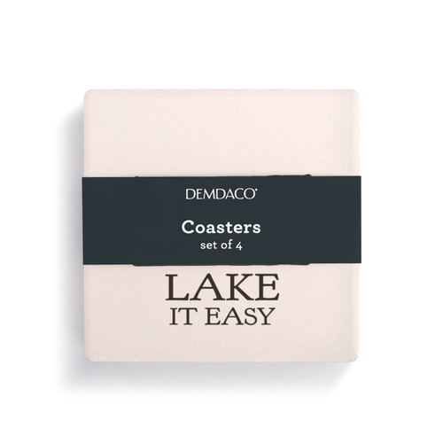 A set of four cream square coasters that say "Lake it Easy" wrapped in a paper product sleeve.