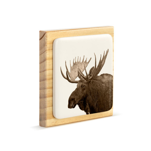 A square wood plaque with a white tile that has an image of a moose, displayed angled to the right.