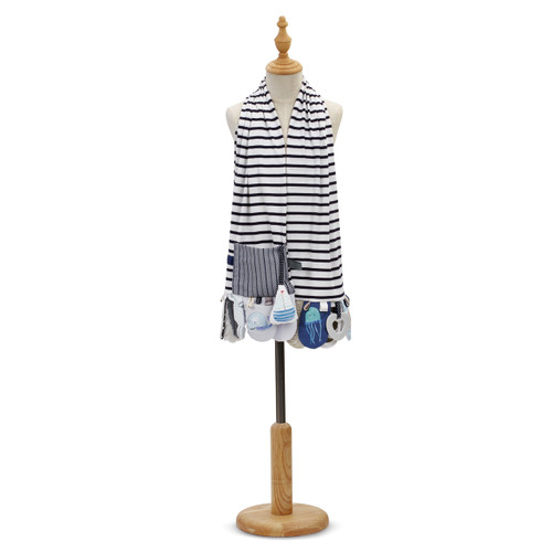 White and black striped kitchen boa with hanging pockets - on white wooden mannequin stand