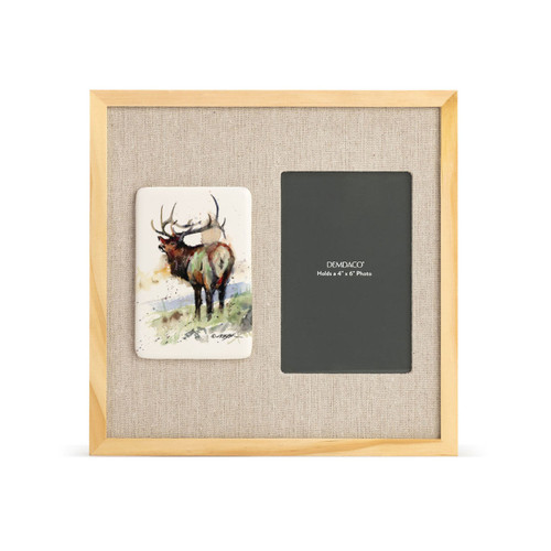 A light wood frame with a tile on the left that has a watercolor image of an elk, next to a 4x6 photo opening with a linen mat.