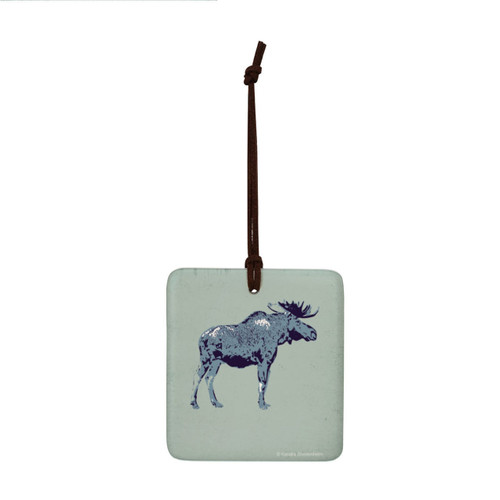 A square hanging ornament with the image of a moose.