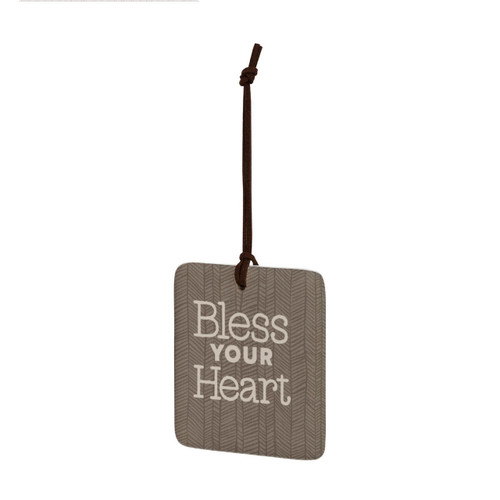 A square hanging brown tile ornament that says "Bless Your Heart", displayed angled to the left.