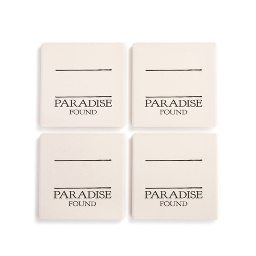 A set of four cream square coasters that say "Paradise Found" under two black lines with room for personalization, laid out on a white background.