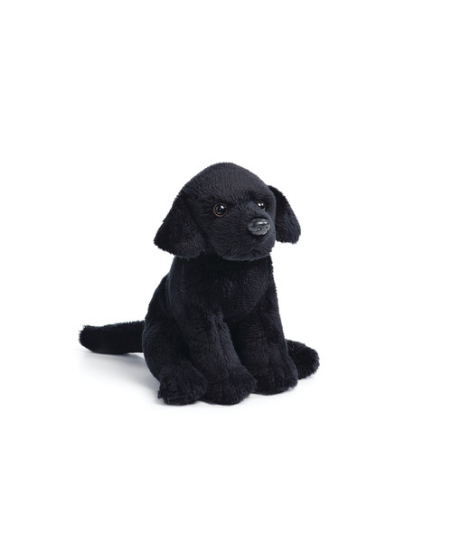 Front profile of black stuffed dog animal sitting down