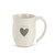 Side view of white mug that says 'loving' on it in grey above grey heart