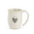 Front side view of white mug with 'brave' in grey above grey heart