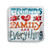Square dish with 'friends and family are everything' in blue/orange/red letters