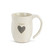 Front side view of white mug with 'happy' in grey above grey heart