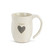 Side view of white mug that says 'happy' on it in grey above grey heart