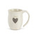 Side view of white mug that says 'kind' on it in grey above grey heart
