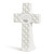 White cross figurine with 'god bless this little one' in grey on the center of it