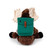 Back view of brown stuffed moose animal wearing teal backpack