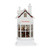 white house decoration with Santa and elves seen inside with Santa's Workshop printed at top