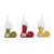 green, red and yellow stuffed stocking ornaments with white fur at top