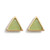 Gold, triangular stud earrings have green stones