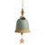 A mint green Inspired Bell" with a tan base, a twine rope, and gold and wooden beads."