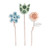 A set of three textured gardening picks - a blue flower, a red flower with a white tag that reads thankful", and a green flower. Each on copper wire."