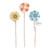 A set of three textured gardening picks - a light red flower, a blue flower with a white tag that reads friends", and a yellow flower. Each on copper wire."