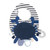 navy and white striped bib with navy crab decal and blue fabric tags around edge