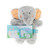 A plush, soft gray elephant puppet book with two large orange ears, and a small blue and green book called You are my Sunshine" on its stomach. Pages opened to two elephants singing."