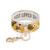 An expanded yellow, black, and purple floral print wrist strap with gold metal accents. Inside reads most loved daughter"."