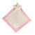 A pink and tan polka dotted and striped star blankie with a patch that reads "reach for the stars".