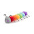 A side view of a soft gray and rainbow plush Learning Colors Caterpillar plush, with a section for each color of the rainbow, string legs, and a gray and white polka dotted face.