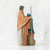 Back view of man figurine wearing orange cape holding large stick next to figurine in blue in front of him - white background