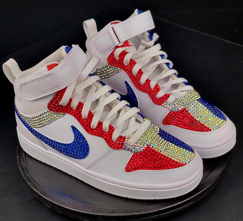Destiny Blings Nike white sneakers customized with Swarovski rhinestones and personalized graphics. Hand-crafted, stylish, and made to order.