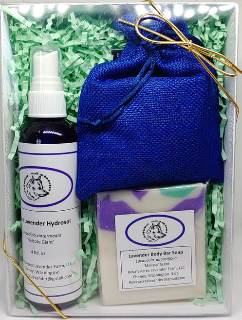 Gift box 1 contains one 4 ounce pure lavender hydrosol mister, 1 large dried lavender bud sachet, and one 4 ounce vegan base lavender body bar soap.