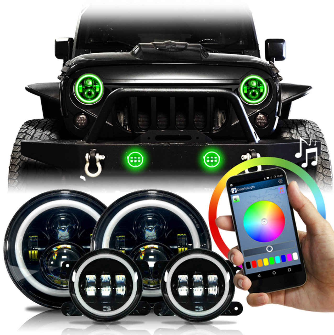 Jeep Jk Headlights >> Halo Rgb Color Projector Led Headlights Fog Lights Kit For Wrangler Jk 2007 2017 Jeep Jk Headlights >> Halo Rgb Color Projector Led Headlights Fog Lights Kit For Wrangler Jk 2007 2017