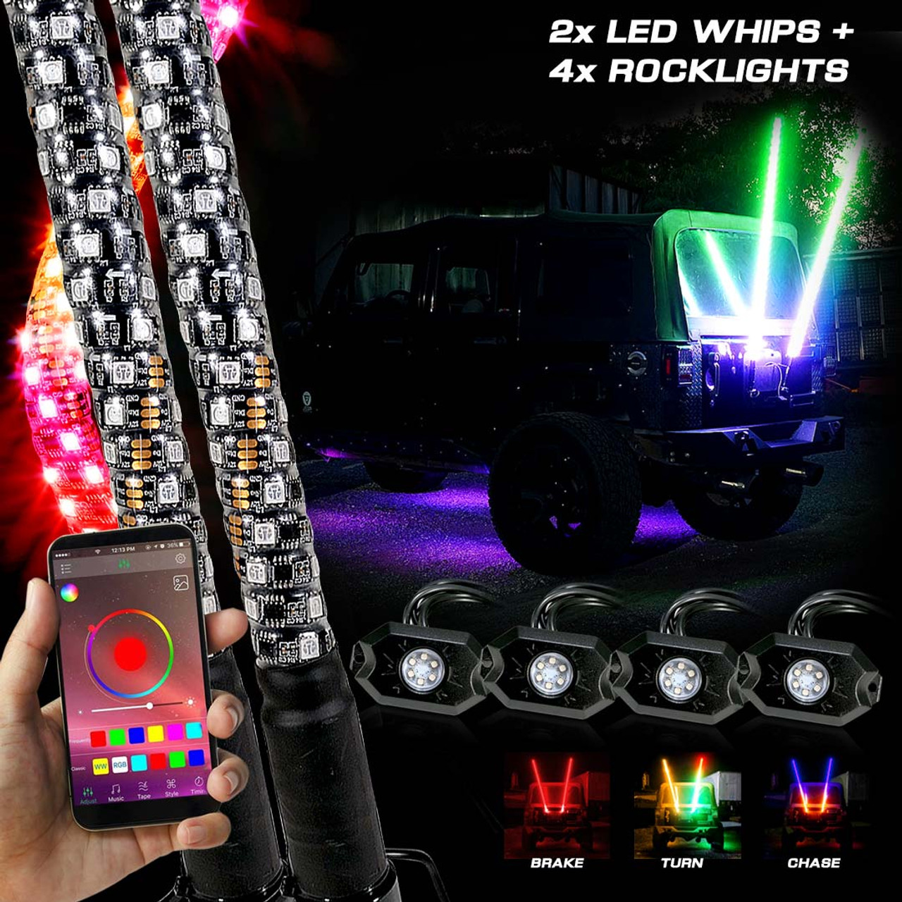 2x Color Chasing Whip with 4x Rock Lights - JPFEDERATION