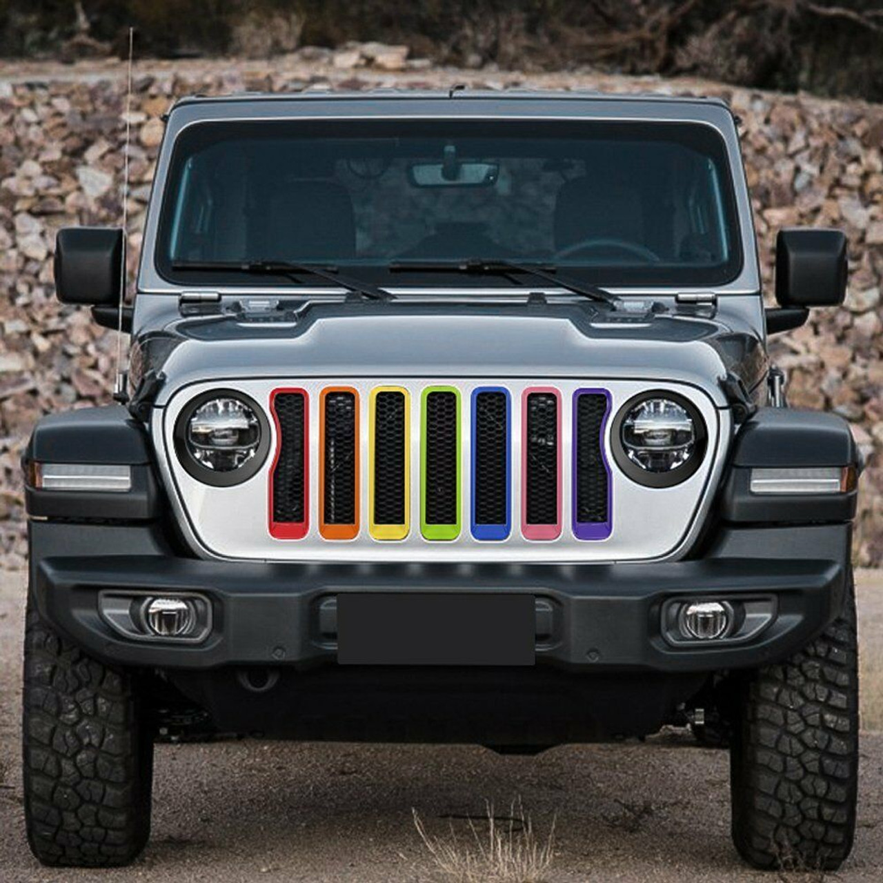 Front Grille Grill Inserts Rainbow & Black Headlight Covers for Jeep