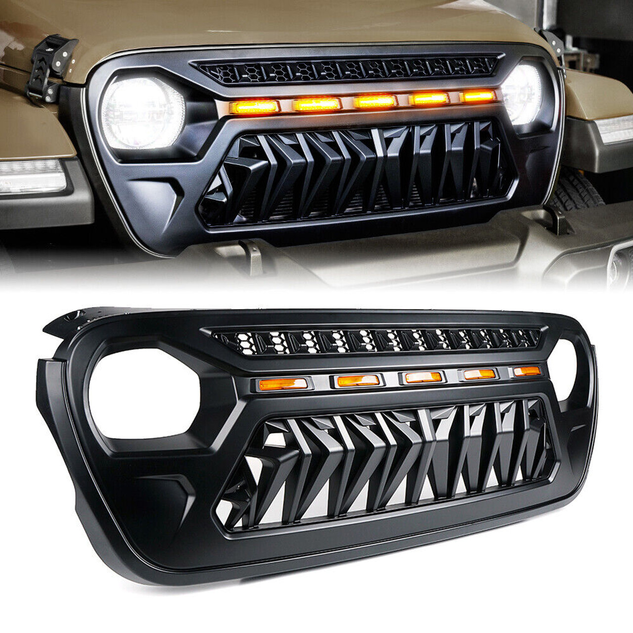 Grille with 5 LED Amber Running Lights for 20182023 Jeep Wrangler JL