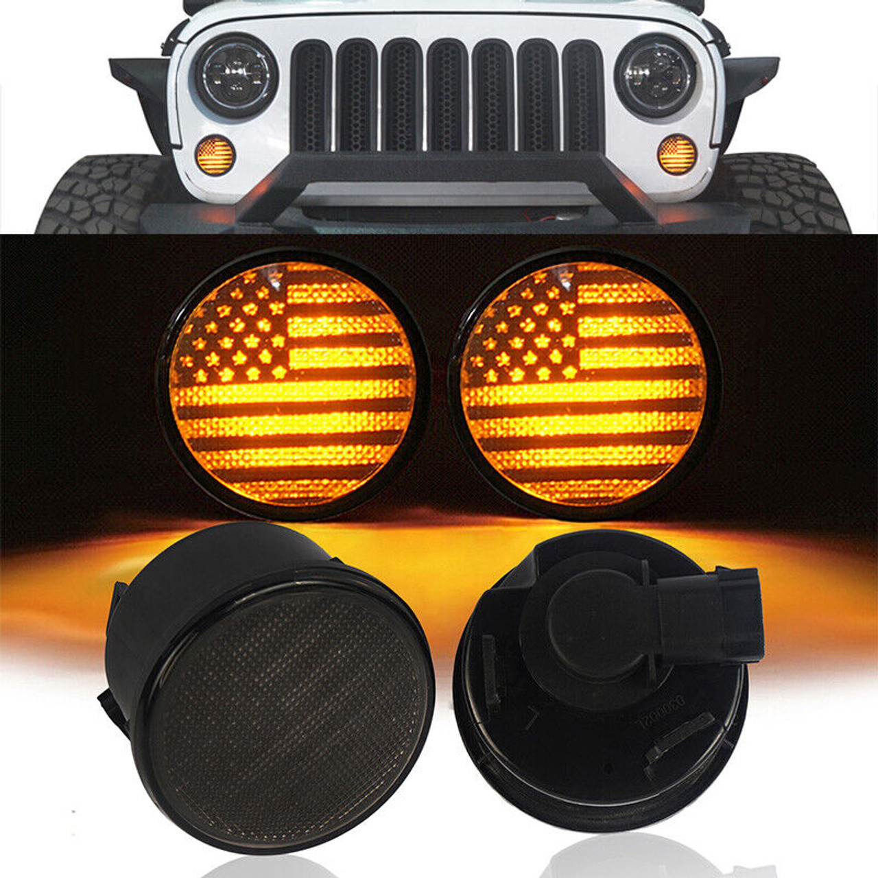 USA American Flag LED Turn Signals Lights Set Amber Smoked Lens for  2007-2018 Jeep Wrangler JK JKU