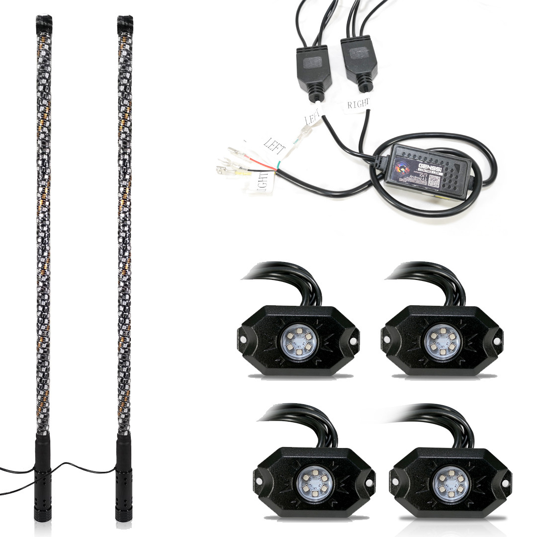 Genssi 4 Feet Dual Chasing Whip Lights Set with 4 Rock Lights and Wireless Remote for Off Road Truck UTV 